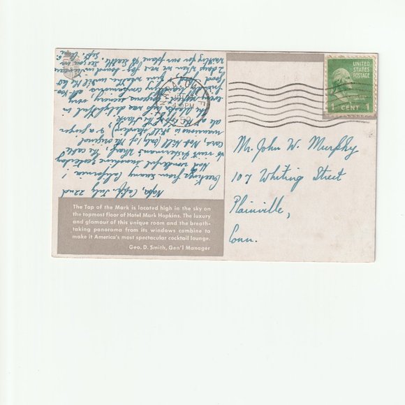 1950 Vintage Top of the Mark Hotel Mark Hopkins San Francisco Post Card - Picture 2 of 2